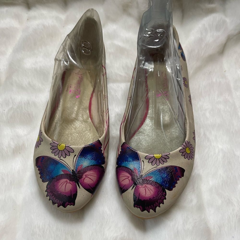 Goby Daisy & Butterfly multi color ballerina flats round toe slip on SZ Euro 37 - Picture 1 of 10